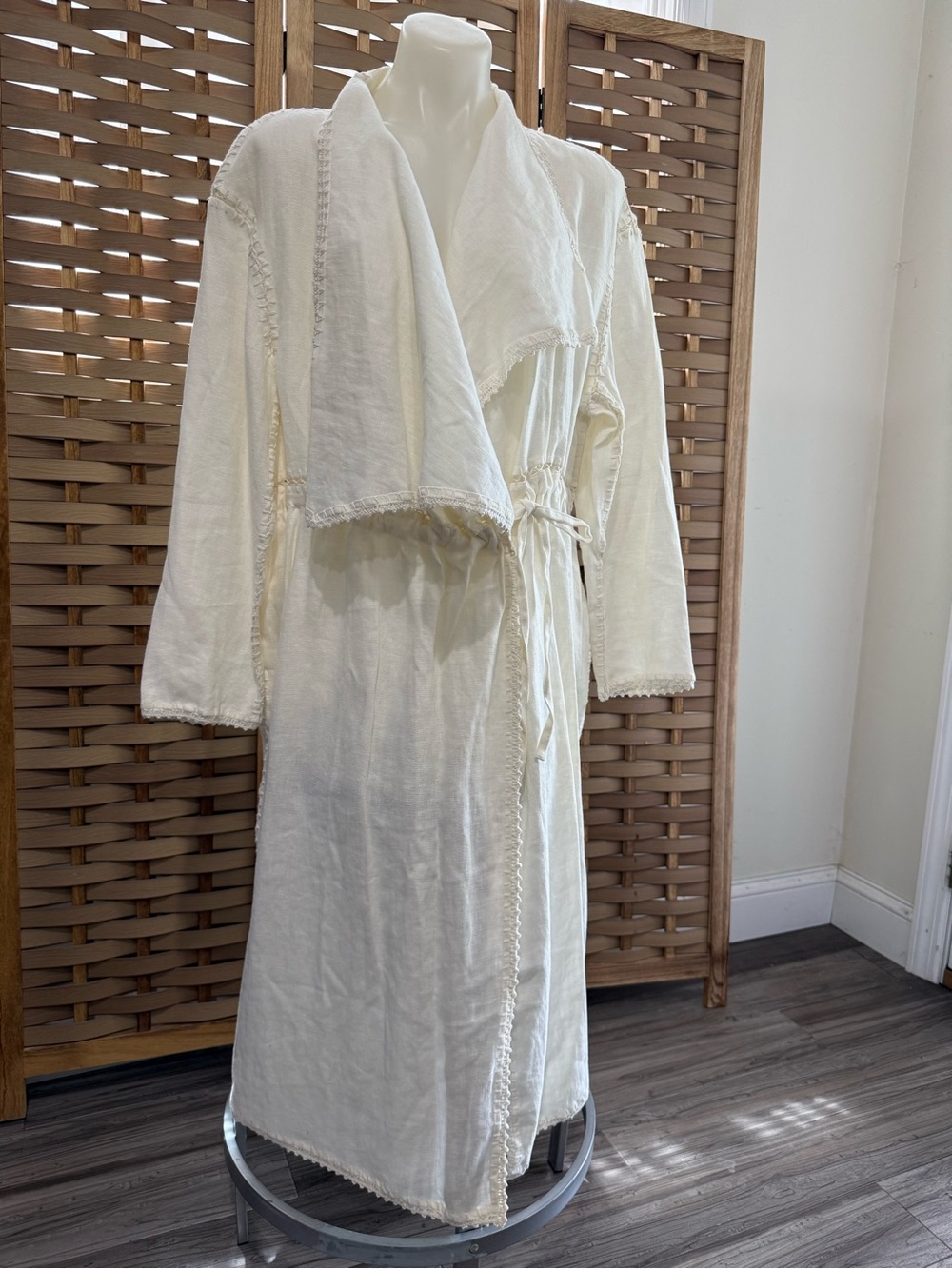 ZARA WOMAN L 100% Linen  Draped Crocheted Stitch Detailed Summer Duster Jacket